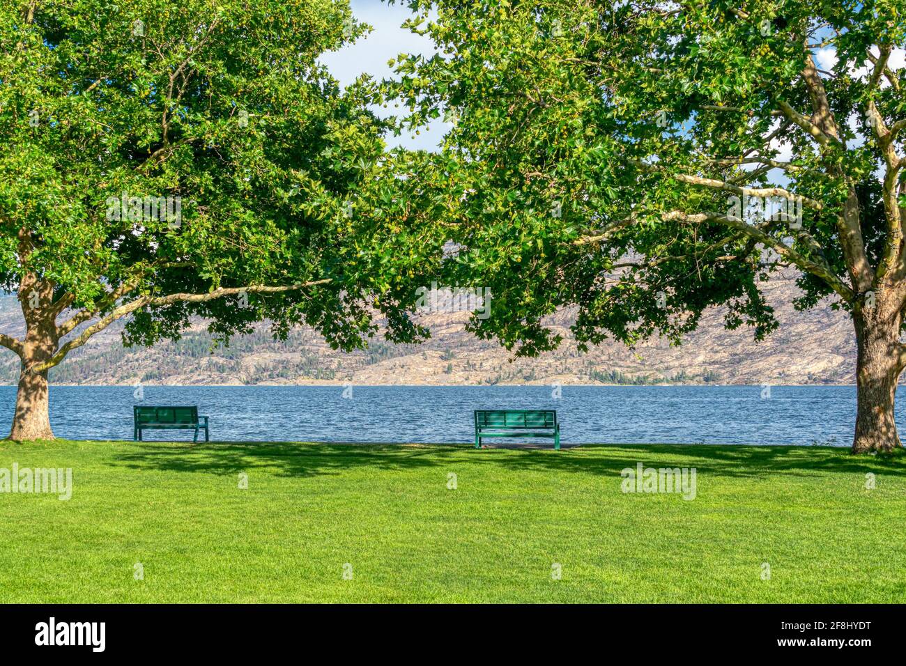 Recreation area along a waterfront pathway on Okanagan lake Stock Photo