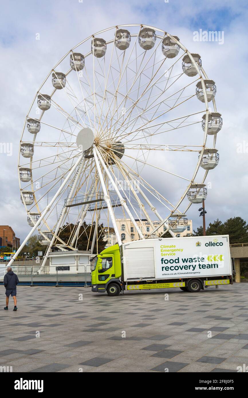 climate emergency service food waste recovery truck at Pier Approach, Bournemouth, Dorset UK in April - food waste recovery team Stock Photo