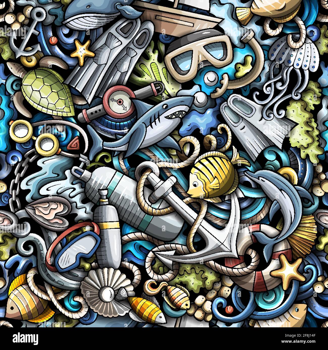 Cartoon doodles Diving seamless pattern. Backdrop with snorkeling symbols and items. Colorful detailed background for print on fabric, textile, phone Stock Vector