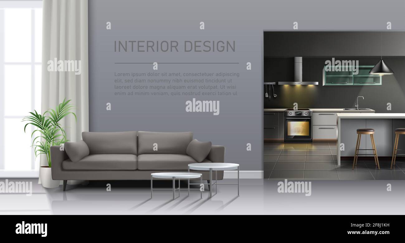 Vector realistic living room interior with big window and sofa, kitchen
