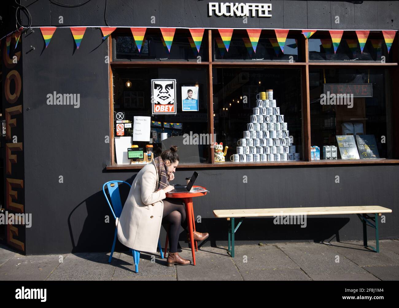 'FUCKOFFEE' coffee shop on Bethnal Green Road, East London, England, United Kingdom Stock Photo