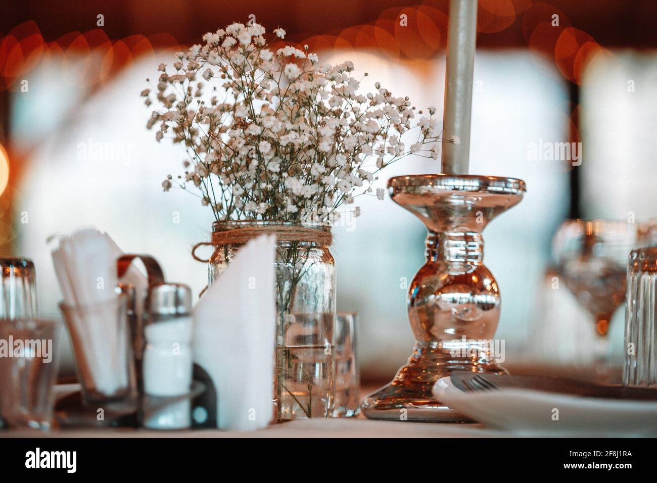 serving a table in a restaurant for a wedding celebration. Stock Photo