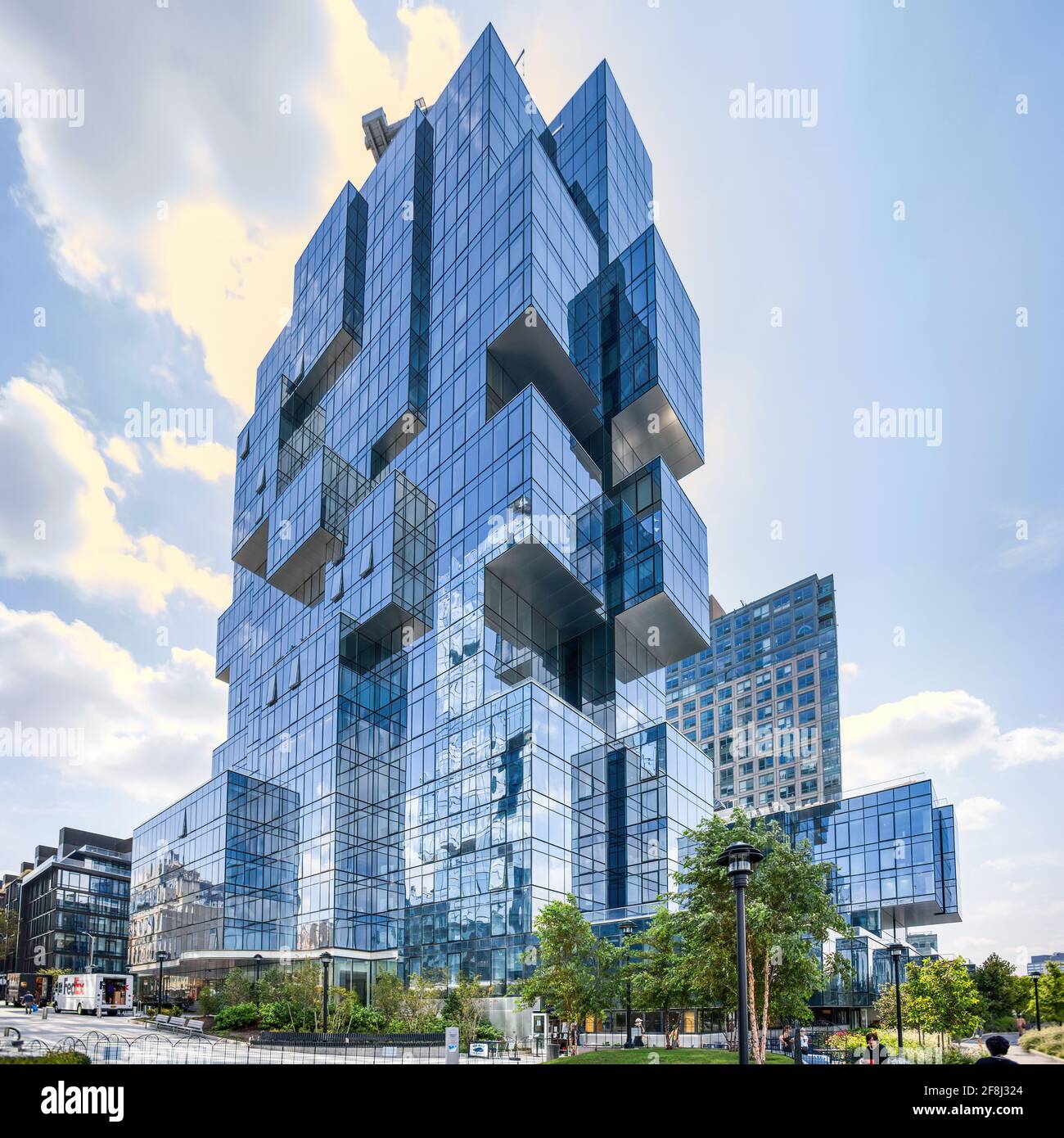 420 Kent Luxury Brooklyn Apartments in Williamsburg can seem like a mirrored Jenga tower. Stock Photo