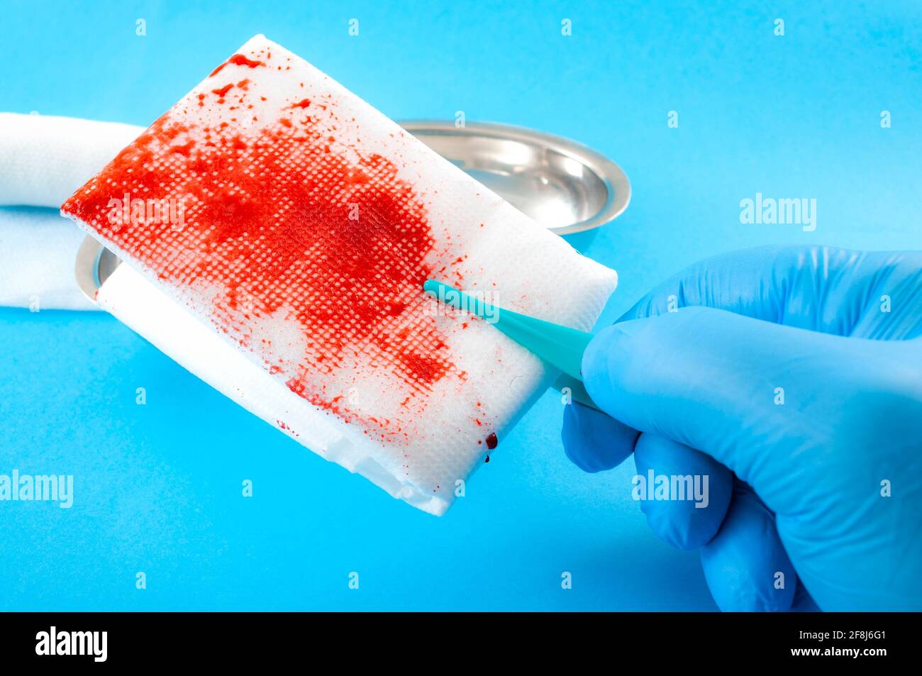 Surgery and first aid concept with a doctor holding tweezers and disposing of a dirty bandage soaked in blood, isolated on blue background with a kidn Stock Photo