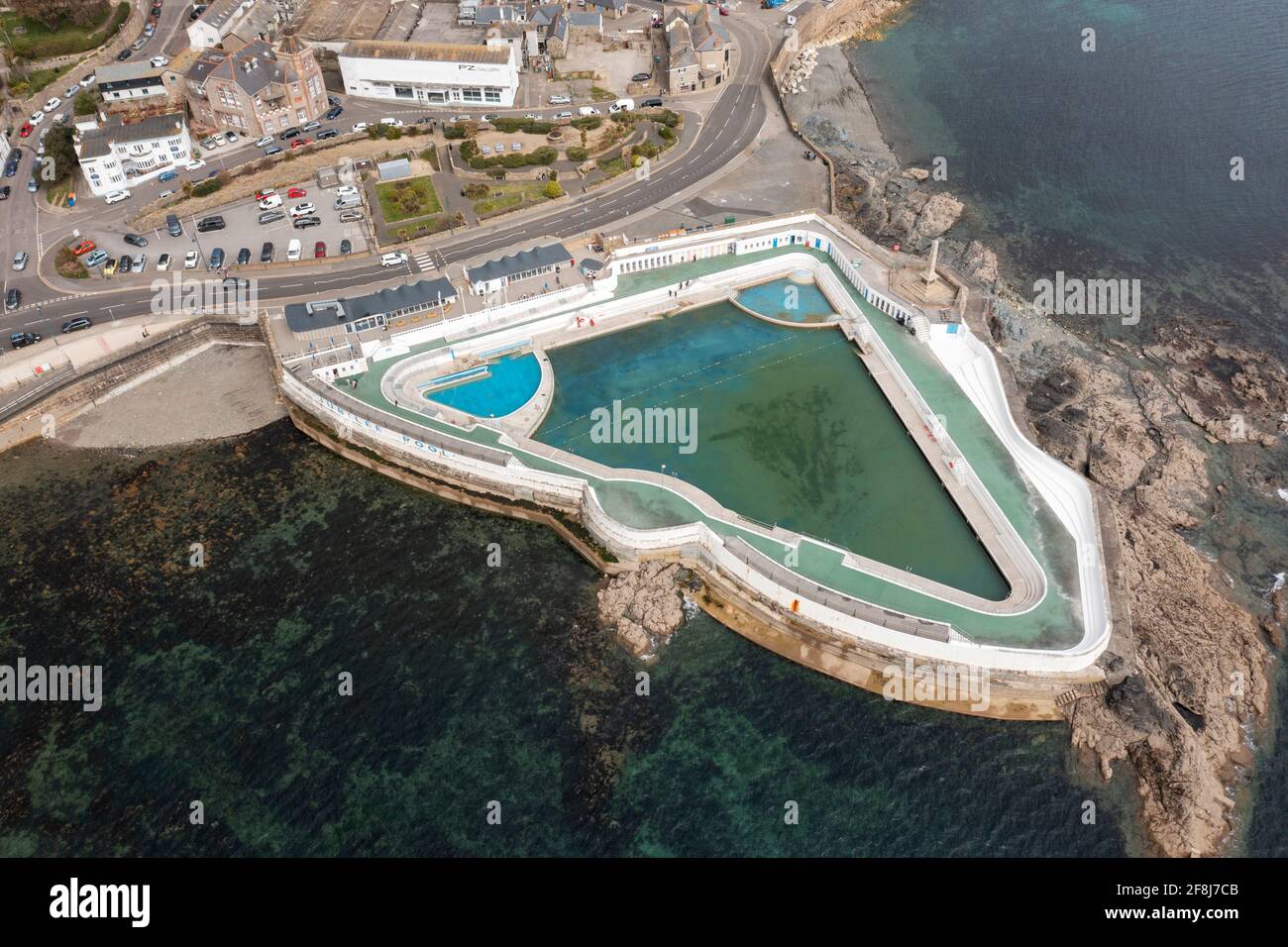 Aerial image of Jubilee Pool, Penzance, Cornwall, UK Stock Photo