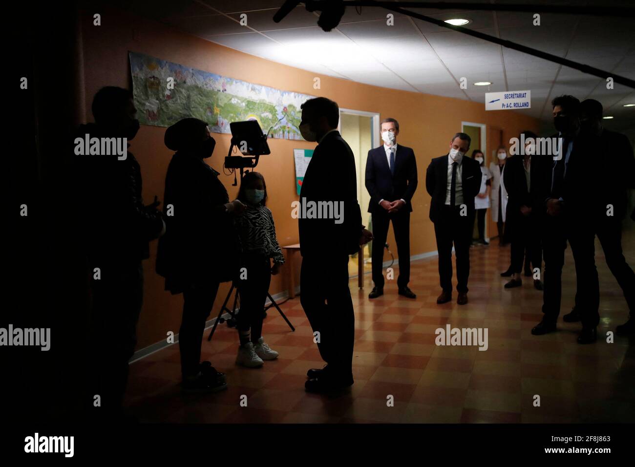 French President Emmanuel Macron visits a child psychiatry department at Reims hospital to discuss the psychological impact of the COVID-19 crisis and the lockdown on children and teenagers in France, April 14, 2021. Photo by Christian Hartmann/Pool/ABACAPRESS.COM Stock Photo