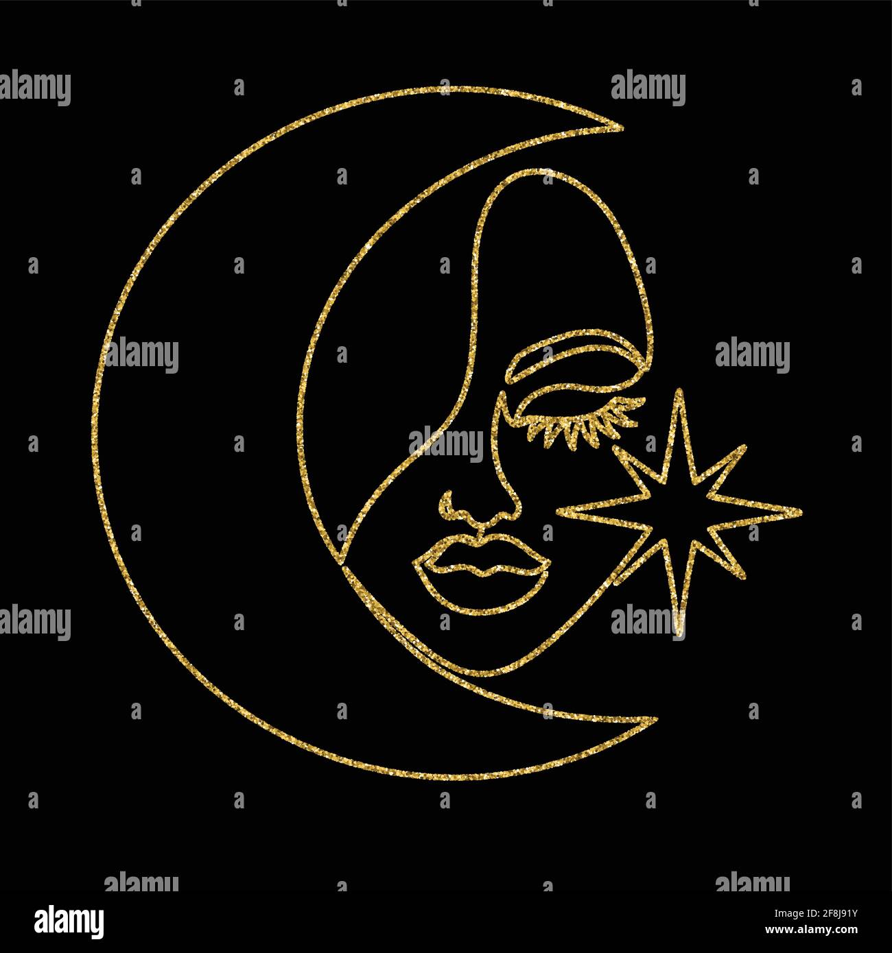 Beautiful golden woman face in line art style. Stock Vector