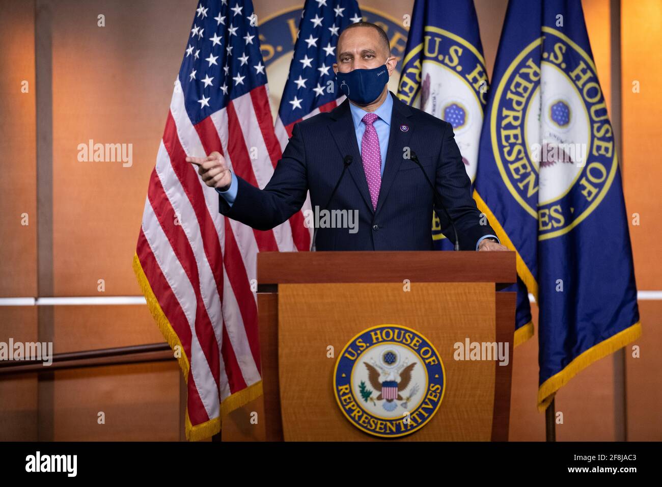 Washington, USA. 14th Apr, 2021. Representative Hakeem Jeffries (D-NY) during a House Democrat Conference press conference, at the U.S. Capitol in Washington, DC, on Wednesday, April 14, 2021. Congressional pressure is mounting in Congress on President Biden Administration's immigration policies as negotiations continue over additional economic relief measures. (Graeme Sloan/Sipa USA) Credit: Sipa USA/Alamy Live News Stock Photo
