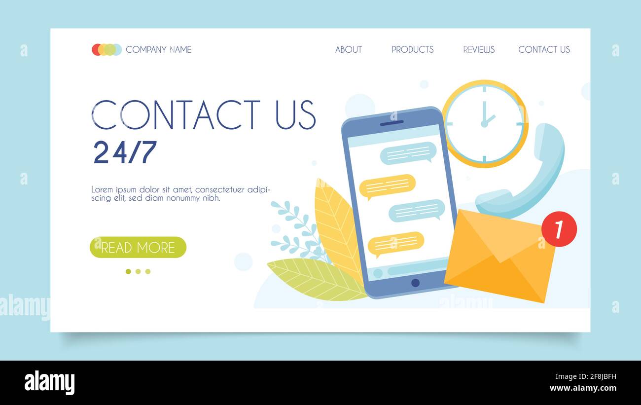 Contact us 24-7 today. Customer support call center. Landing page concept. Flat design, vector illustration. Stock Vector