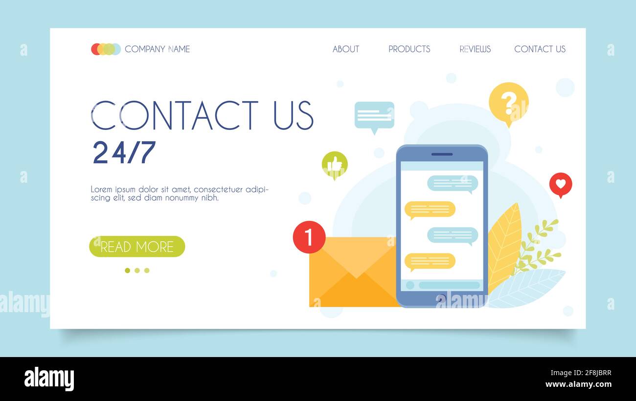 Contact us 24-7. Customer support call center. Landing page concept. Flat design, vector illustration. Stock Vector