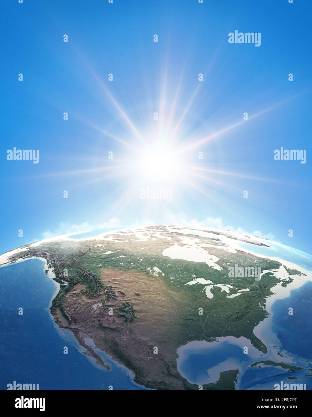 Sun shining over a high detailed view of Planet Earth, focused on North America, USA and Canada. 3D illustration - Elements furnished by NASA Stock Photo
