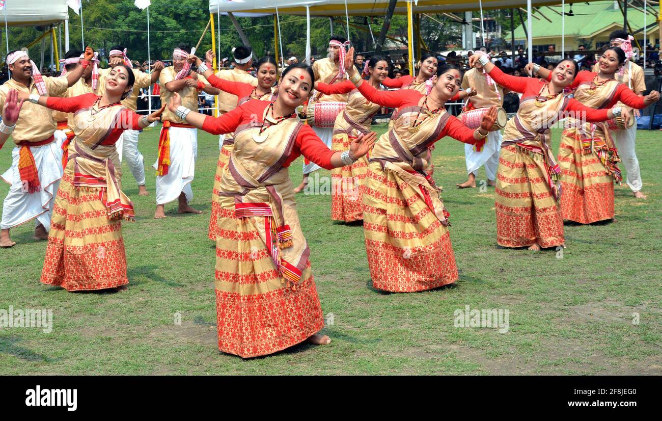 Guwahati. 14th Apr, 2021. People perform Bihu, a folk dance, during the