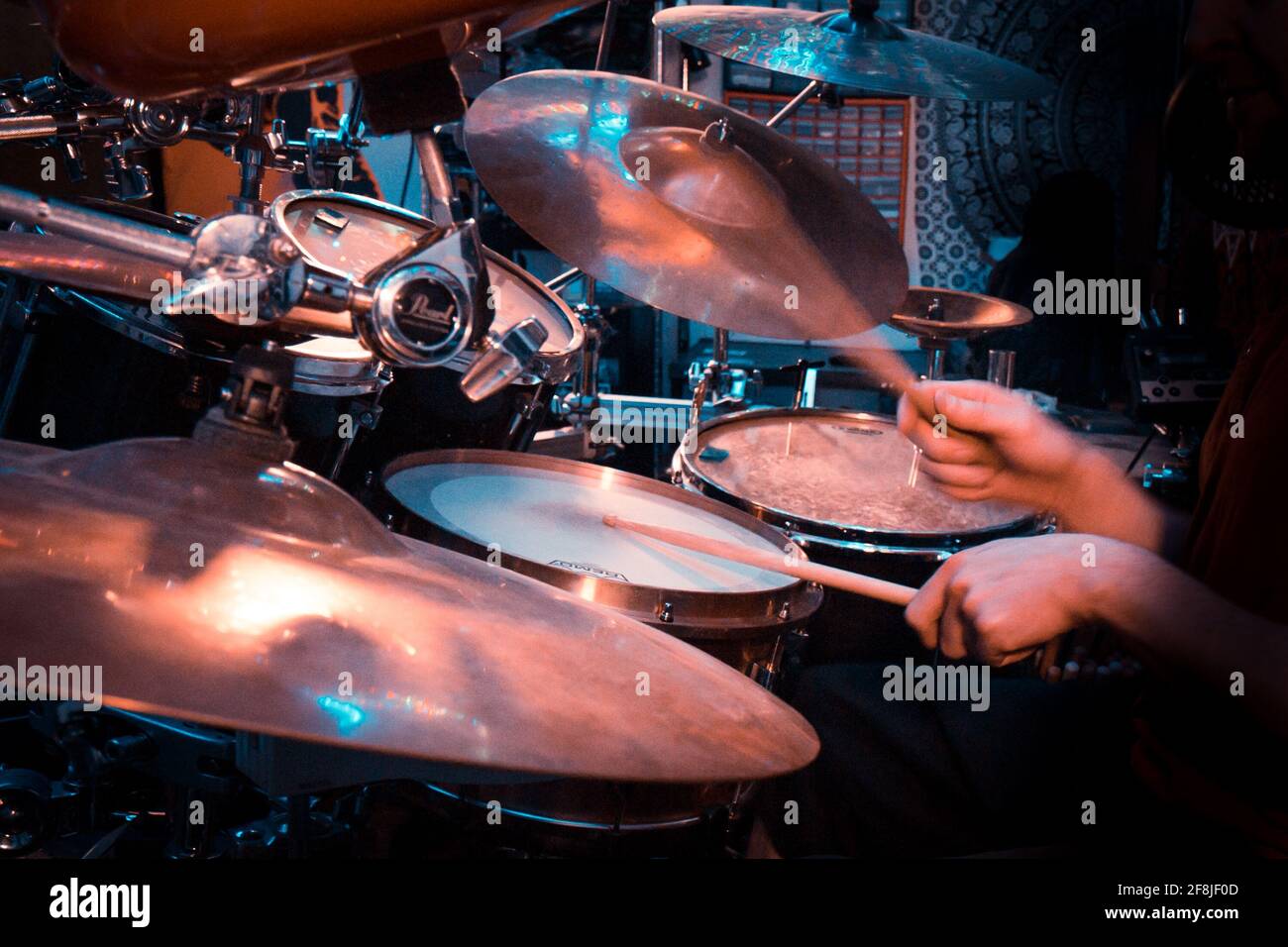 Drumming, closeup of hands, snare, cymbals, drums, drumsticks Stock Photo