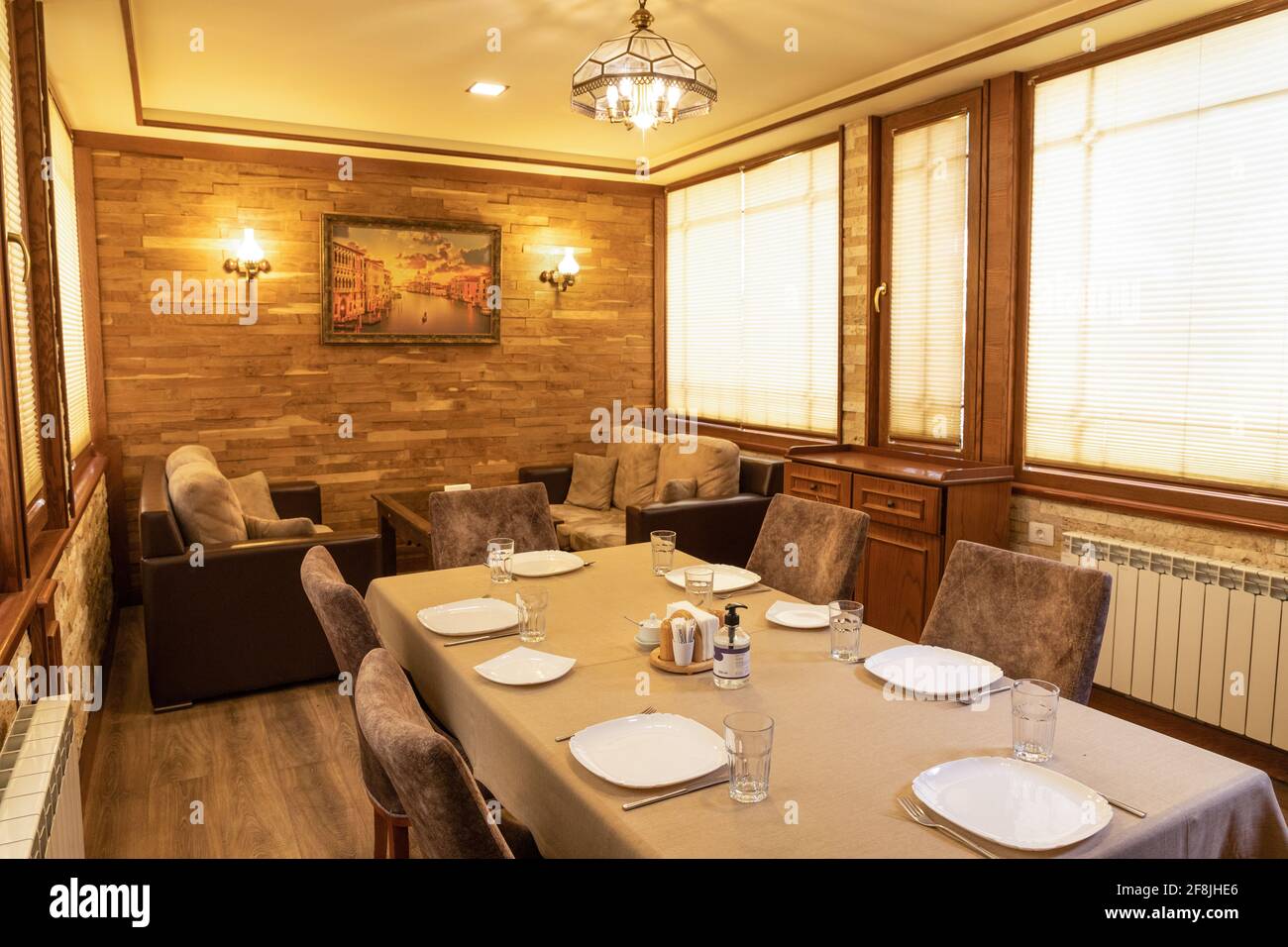 Wooden style restaurant banquet event room interior Stock Photo - Alamy
