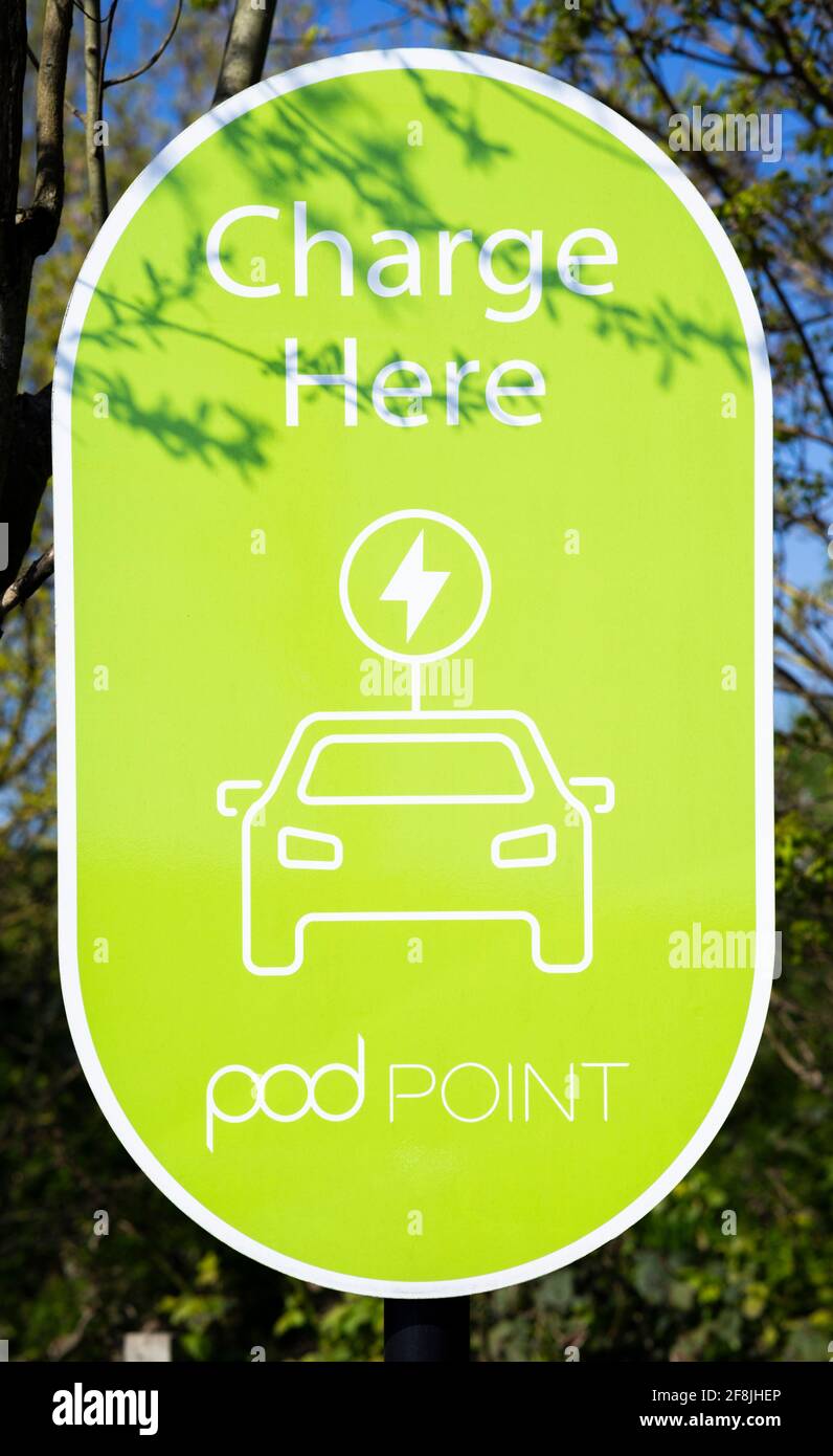 Pod point Electric car charging point sign Pod point sign pod point charge here pod point  Victoria retail park Netherfield Nottingham East mIdlands Stock Photo