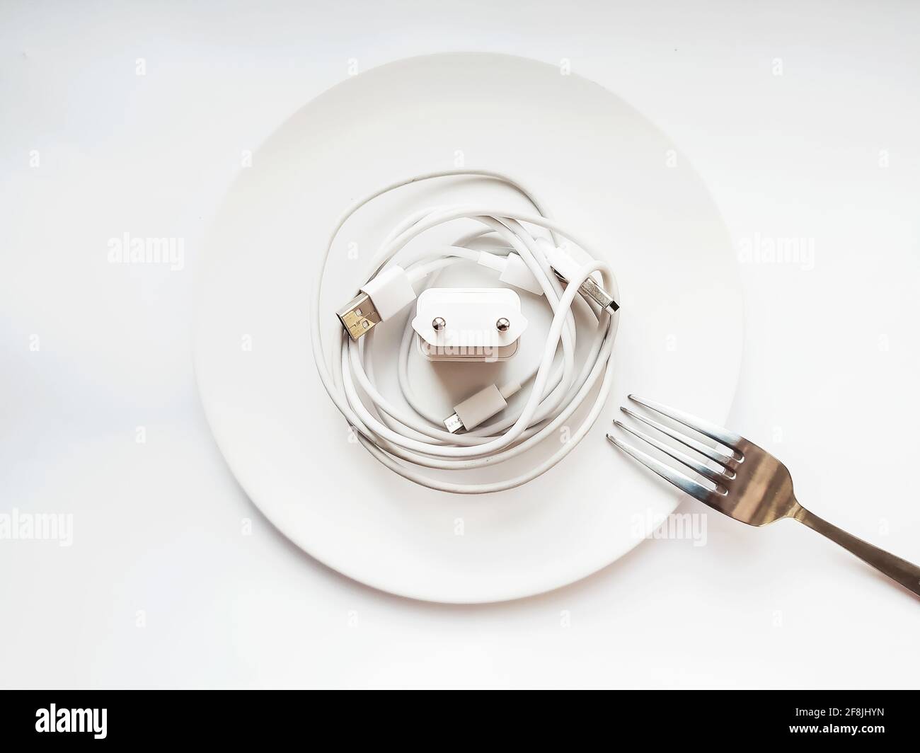 Energy source: white wires on a white plate and a plug. Necessary food Stock Photo