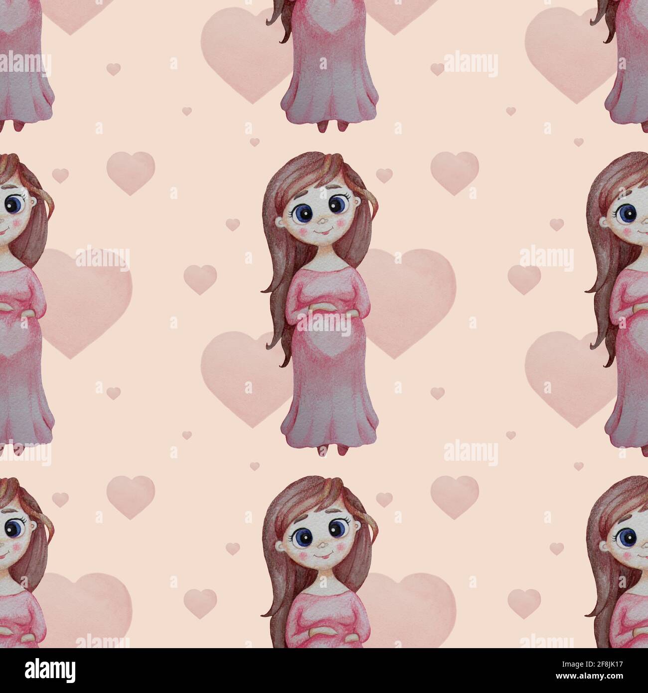 Seamless patterns. Cute pregnant girl with a hairstyle with long hair in a  pink dress on a pink background with hearts. Watercolor. Freehand drawing F  Stock Photo - Alamy