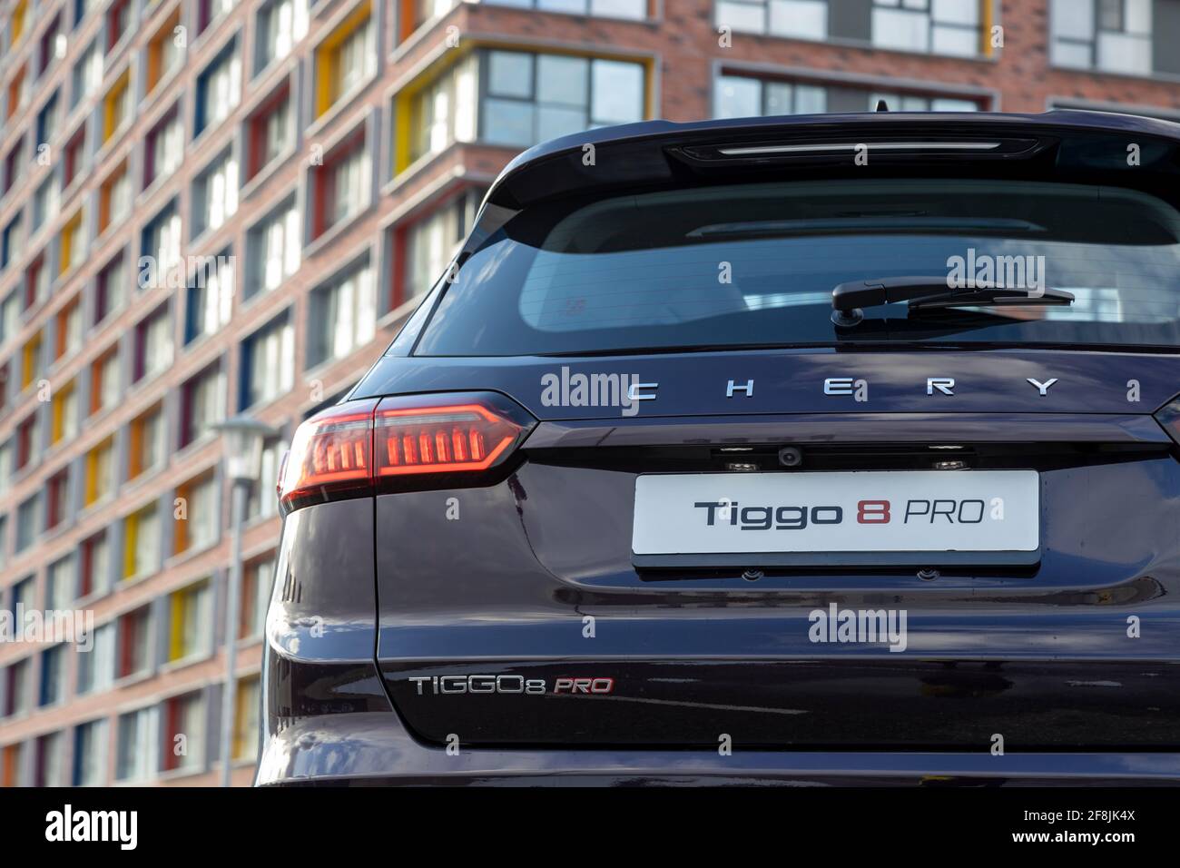 Moscow, Russia - March 18, 2021: Rear view of the new flagship seven-seater minivan Chery Tiggo 8 Pro. LED tail lights chinese car Stock Photo