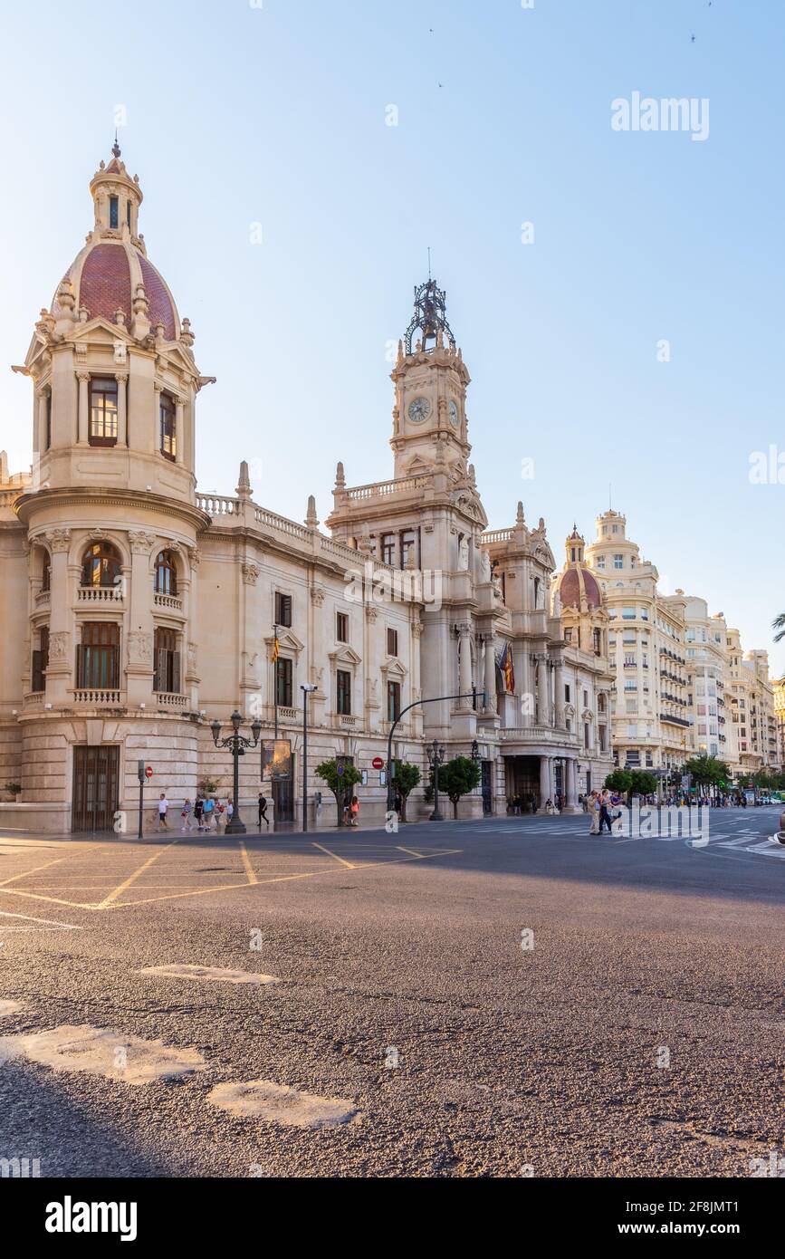 VALENCIA, SPAIN, JUNE 17, 2019: People are strolling in front of the Town hall in Spanish town Valencia Stock Photo