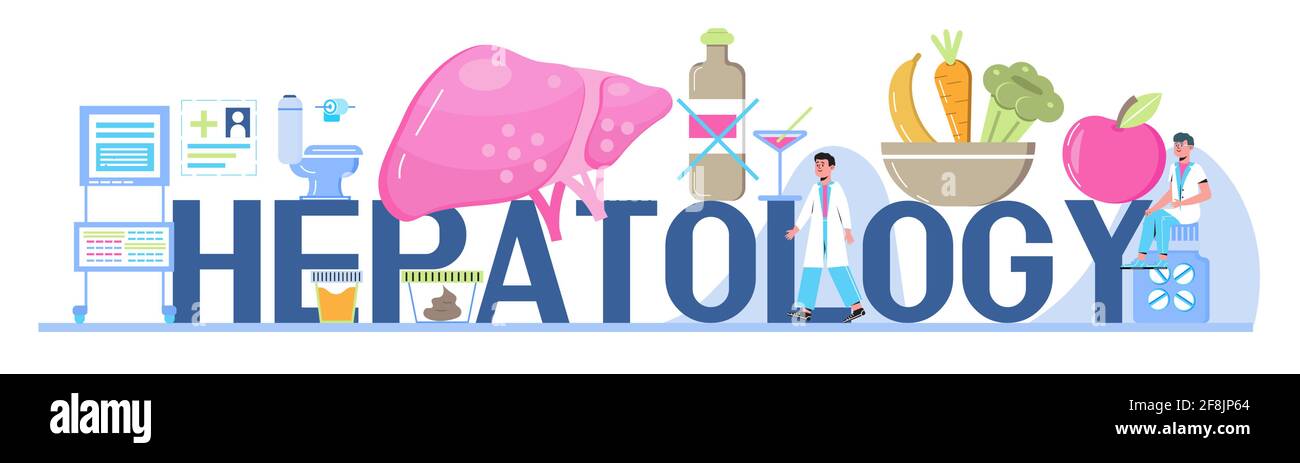 Hepatologist vector for medical website, landing page, header. Concept of hepatitis A, B, C, D, cirrhosis, world hepatitis day. Tiny doctors of hepato Stock Vector