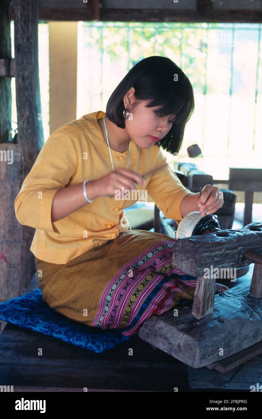 Thailand. Chiang Mai. Craftworker. Silverware engraving. Stock Photo
