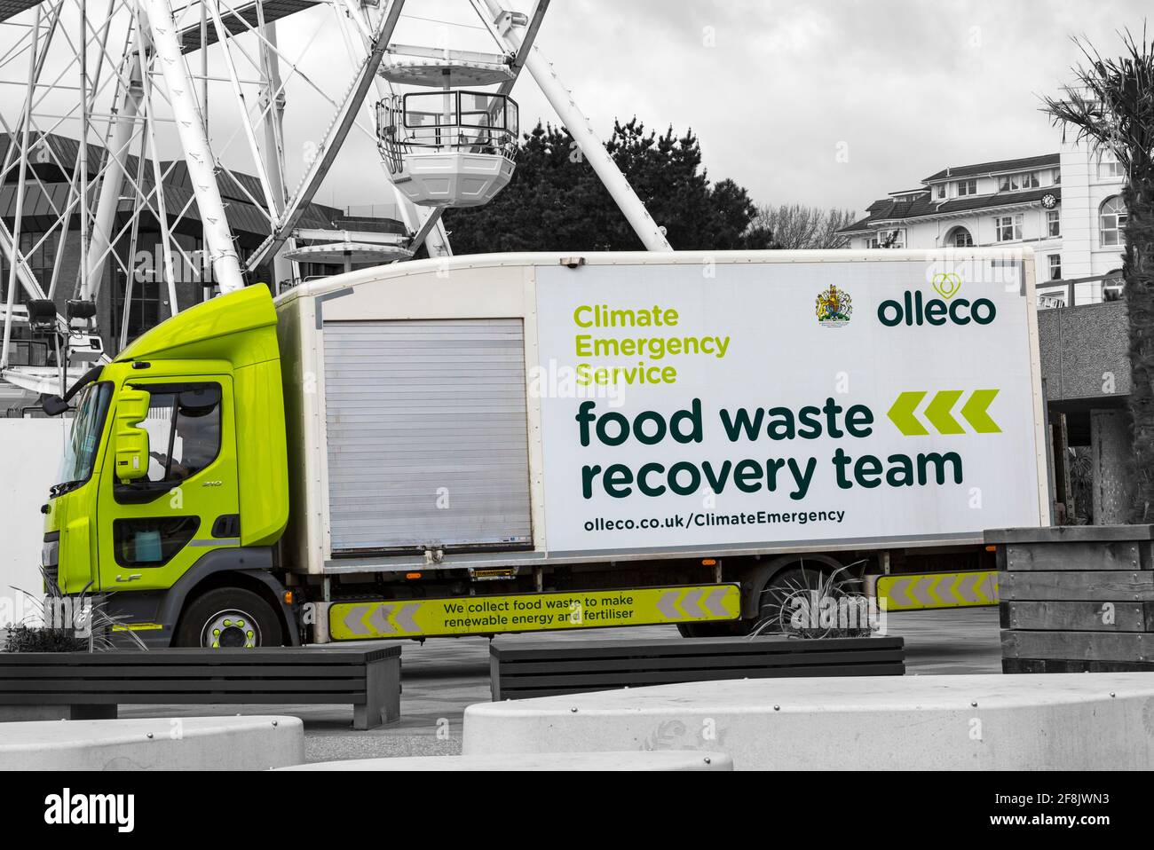 climate emergency service food waste recovery truck at Pier Approach, Bournemouth, Dorset UK in April - food waste recovery team Stock Photo