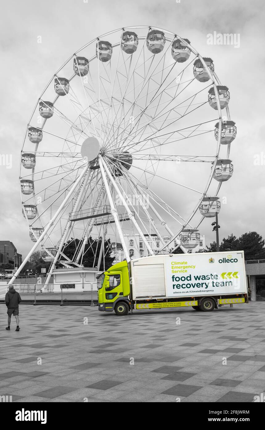 climate emergency service food waste recovery truck at Pier Approach, Bournemouth, Dorset UK in April - food waste recovery team Stock Photo