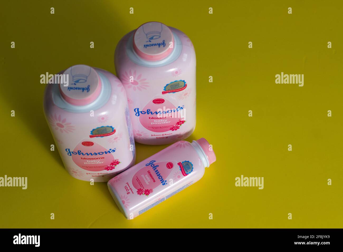 KUALA LUMPUR, MALAYSIA Apr 14, 2021 Johnson's baby product; baby powder isolated on yellow