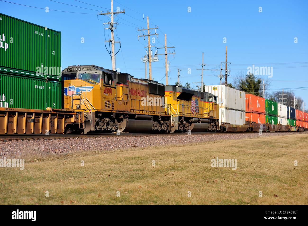 Geneva, Illinois, USA. Two units cut in midtrain help power