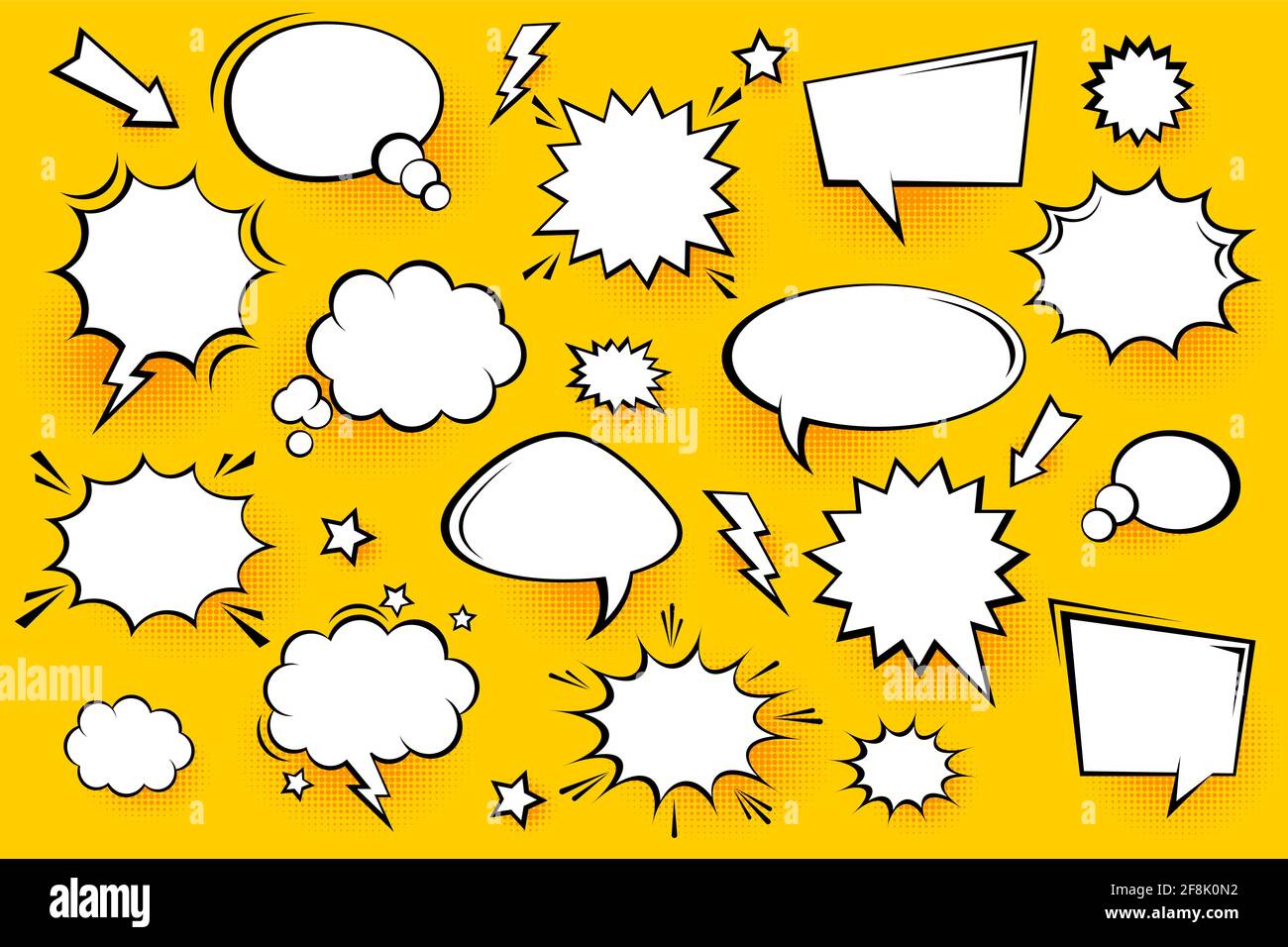 Blank comic speech bubbles with halftone shadows on yellow background ...