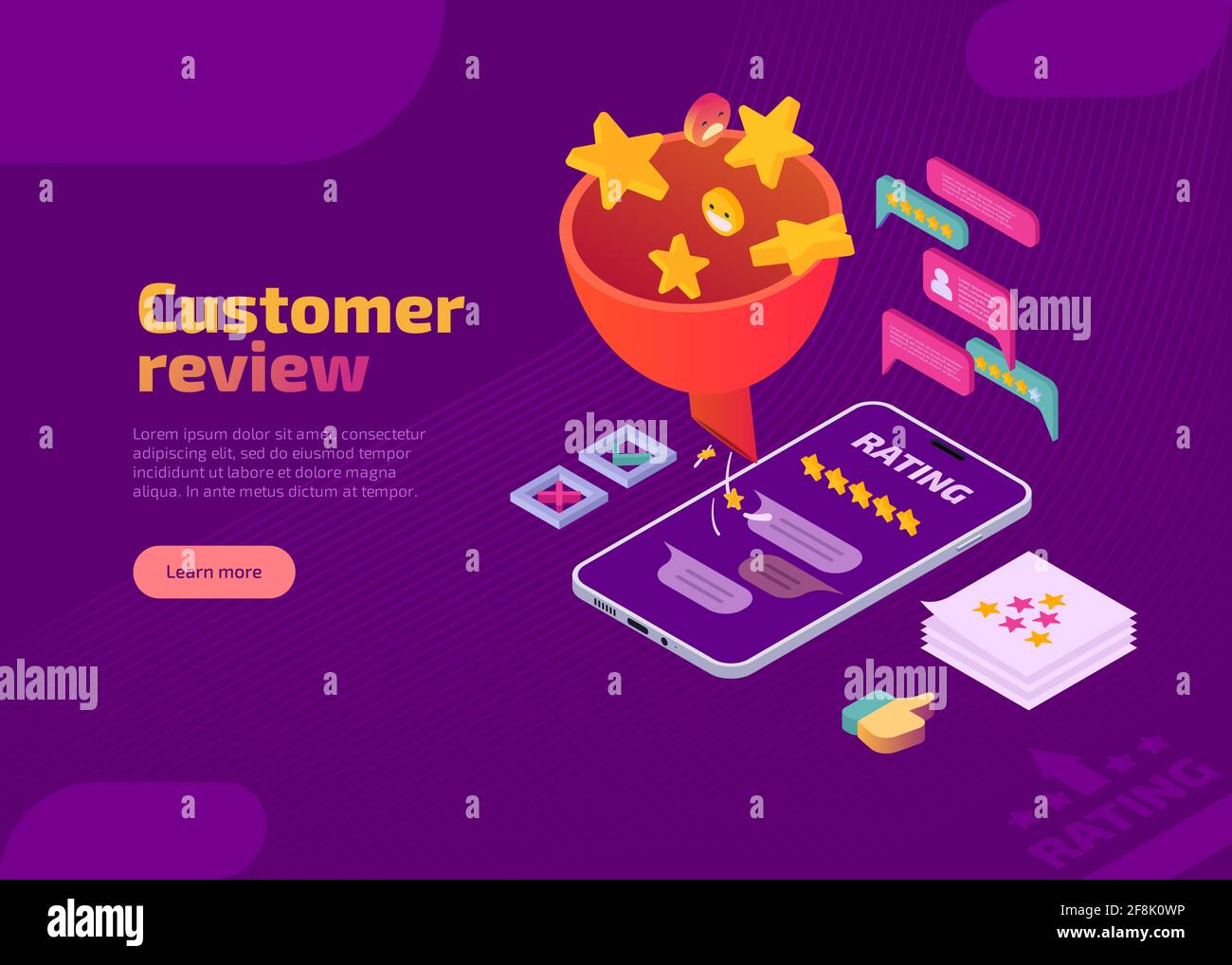 Customer review isometric landing page. Smileys and gold stars falling into funnel and client rating displaying in app on smartphone screen. Clients satisfaction, feedback and best result concept. Stock Vector