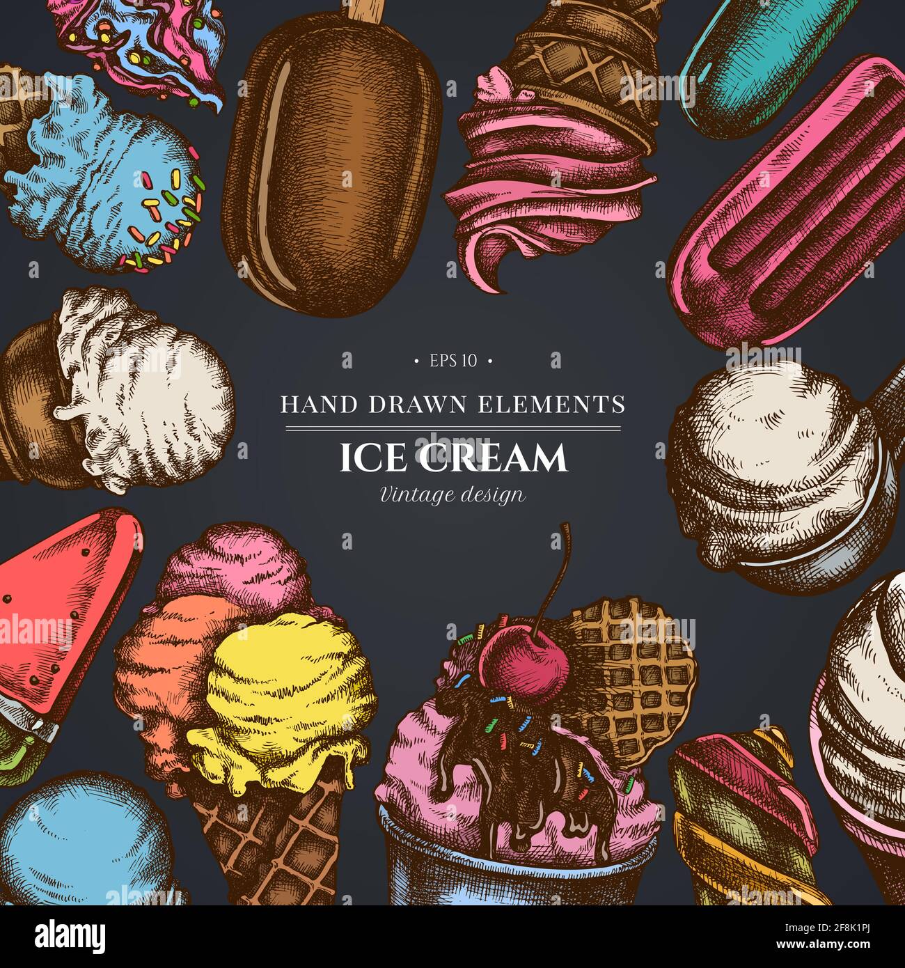 Design on dark background with ice cream bowls, ice cream bucket