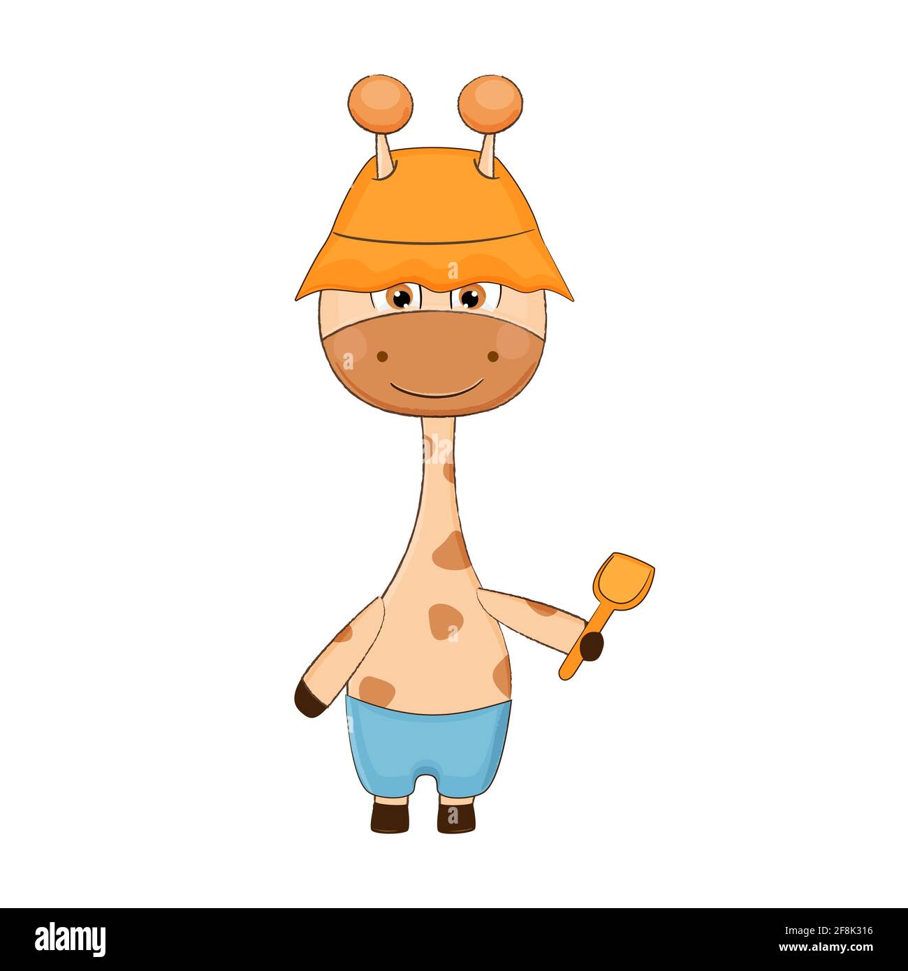 Cute cartoon giraffe in hat with sandbox shovel. Vector illustration ...