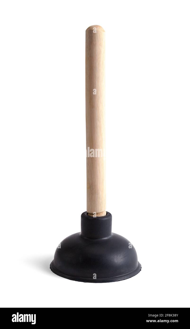 Small Black Rubber Plunger with Wood Handle Cut Out. Stock Photo
