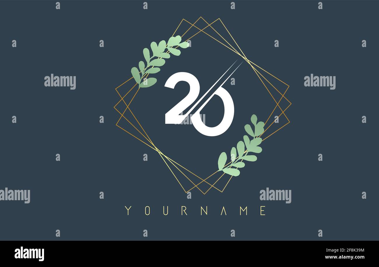Number 20 2 0 Logo With golden square frames and green leaf design. Creative vector illustration with numbers 2 and 0 for beauty, fashion, jewelry, lu Stock Vector