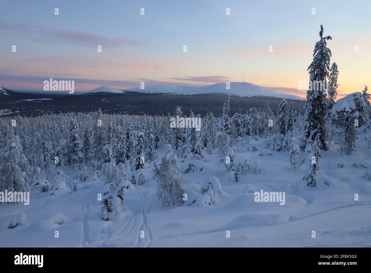 Winter landscape with snow covered trees and mountians in Finnish Lappland Stock Photo