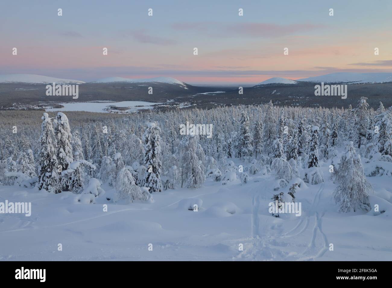 View over a snowy landscape in Finland Stock Photo