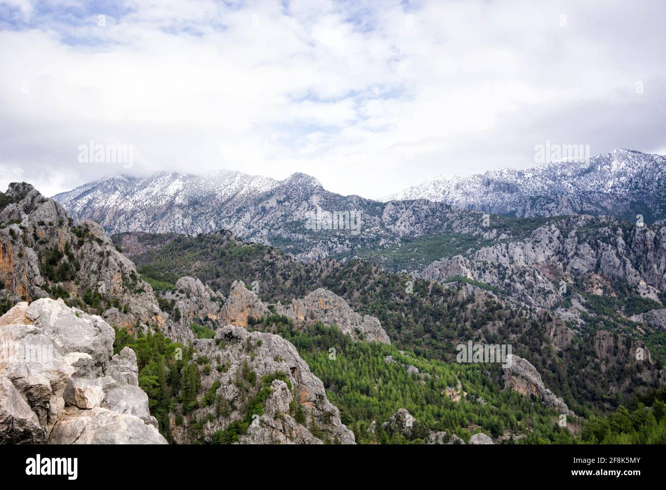 Peaks of the Taurus mountains covered with conifer trees Stock Photo