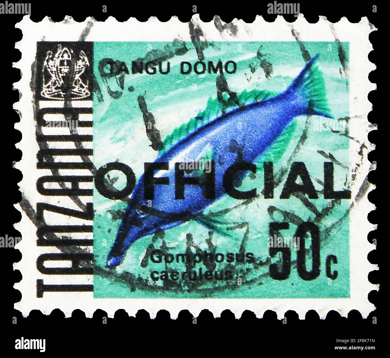 MOSCOW, RUSSIA - OCTOBER 7, 2019: Postage stamp printed in Tanzania shows Green Birdmouth Wrasse (Gomphosus caeruleus), Official overprint, Fish Defin Stock Photo