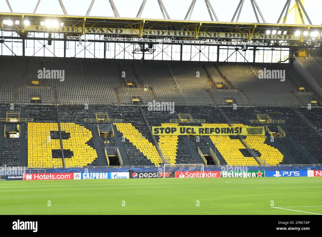 Dortmund, Germany. 14th Apr, 2021. Football: Champions League, knockout  round, quarter-finals, second leg, Borussia Dortmund - Manchester City at Signal  Iduna Park. A view of the empty South Stand with a banner "