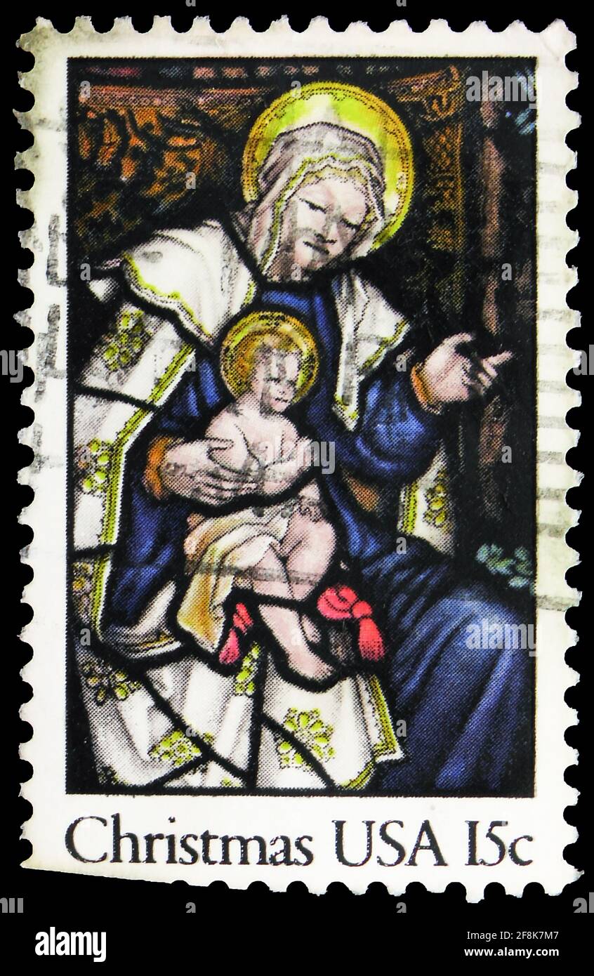 MOSCOW, RUSSIA - OCTOBER 7, 2019: Postage stamp printed in United States shows Madonna and Child Stained Glass, Christmas serie, 15 c - United States Stock Photo