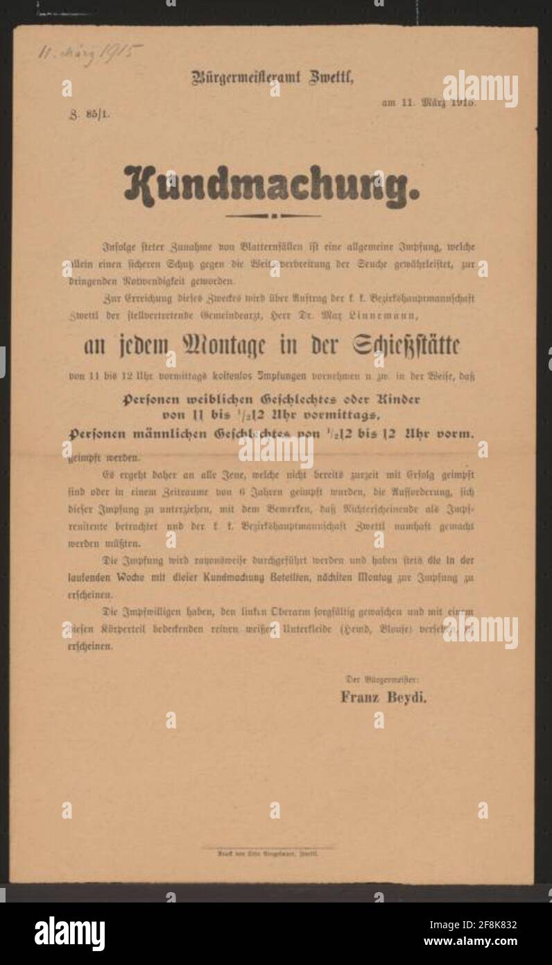 Browling - Kunst - Zwettl Increase of the rolls - on every Monday vaccinations in the shooting site - vaccine dates for children, women and men - request to be vaccinated - appearing with clean upper arm and white underlining room - Mayor Zwettl, on 11 March 1915 - Z. 85/1. Stock Photo