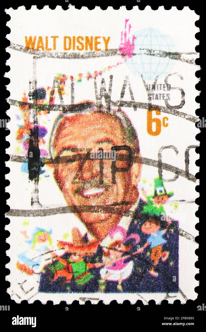 MOSCOW, RUSSIA - OCTOBER 7, 2019: Postage stamp printed in United States shows Walt Disney (1901-1966) and Children of the World, Walt Disney Issue se Stock Photo