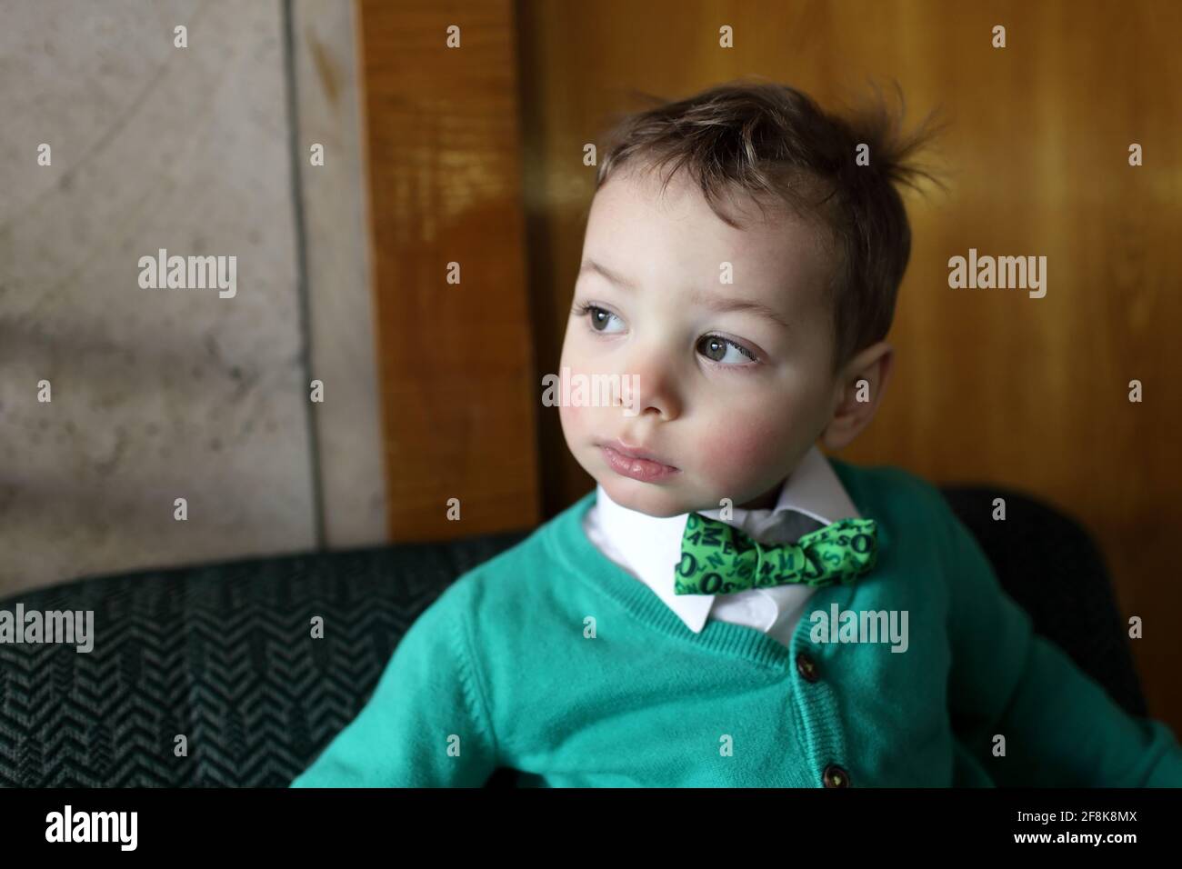 Child in a green cardigan with white shirt and bow tie Stock Photo Alamy