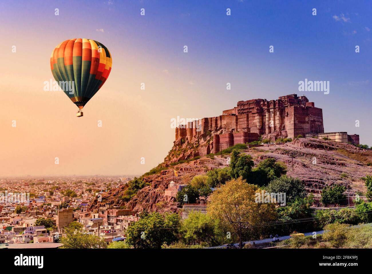 Mehrangarh Fort during sunrise at Jodhpur, Rajasthan with view of cityscape. Mehrangarh Fort is a UNESCO World Heritage site. Stock Photo