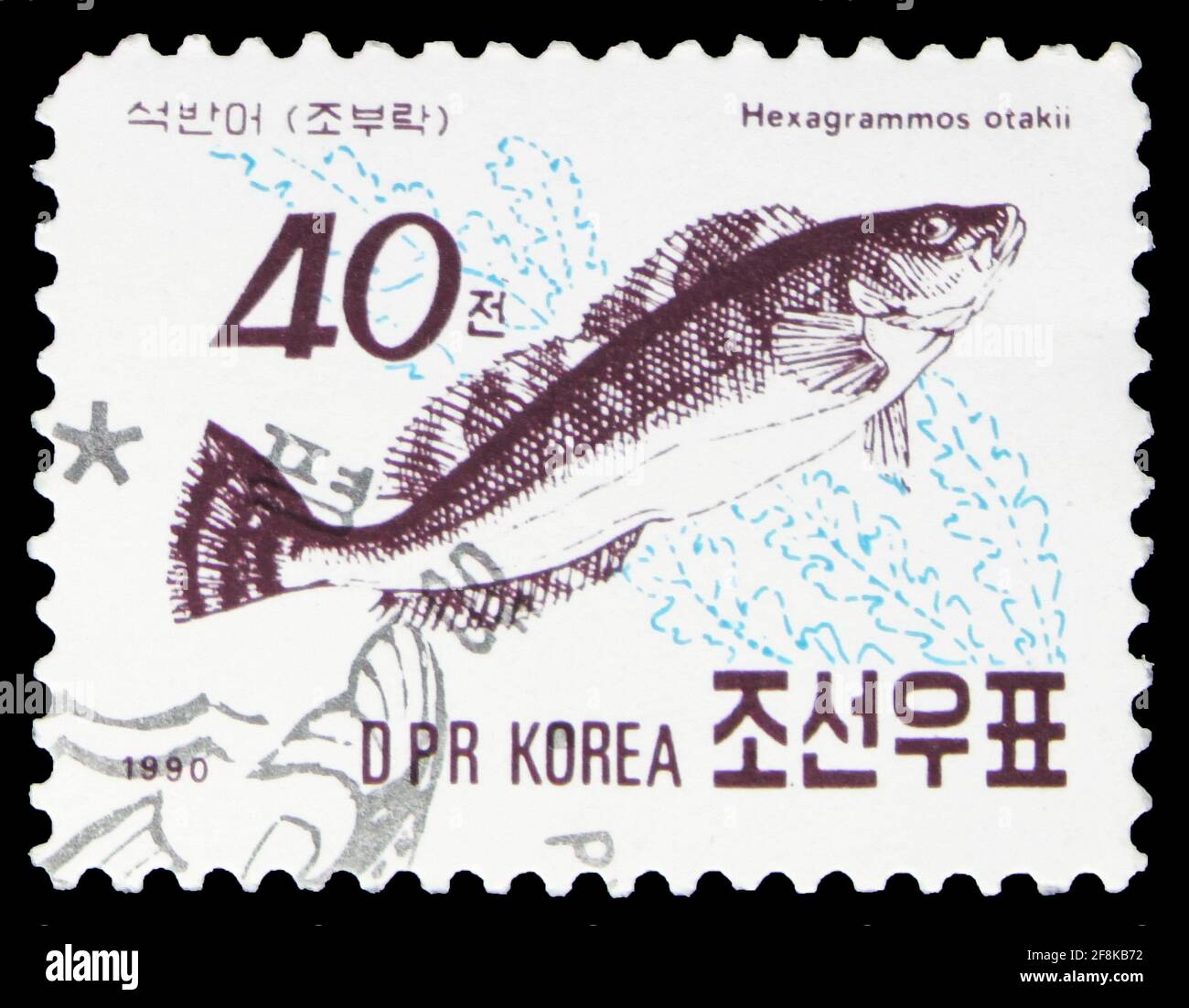 MOSCOW, RUSSIA - OCTOBER 7, 2019: Postage stamp printed in Korea shows Greenling (Hexagrammos otakii), Fishes of the Eastern Sea serie, 40 North Korea Stock Photo