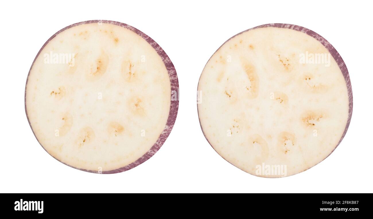 sliced striped eggplant path isolated on white Stock Photo