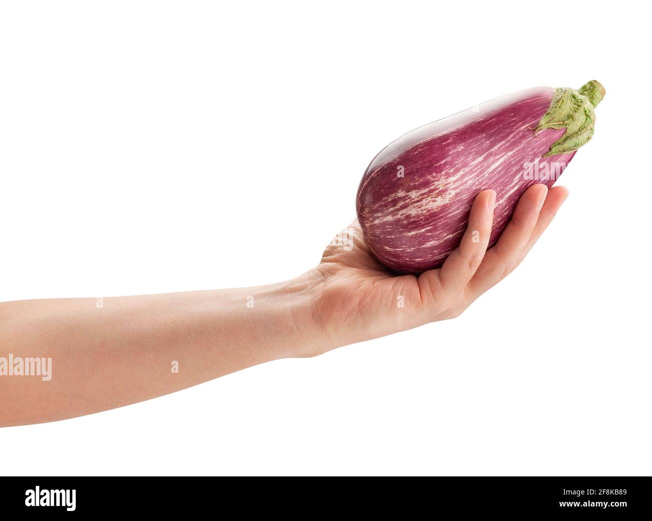 striped eggplant in hand path isolated on white Stock Photo Alamy