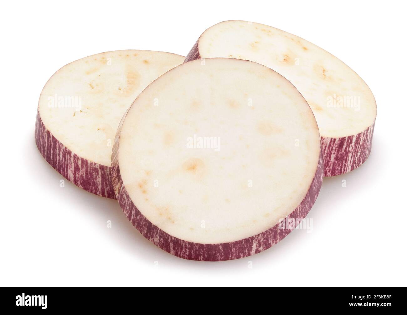 sliced striped eggplant path isolated on white Stock Photo