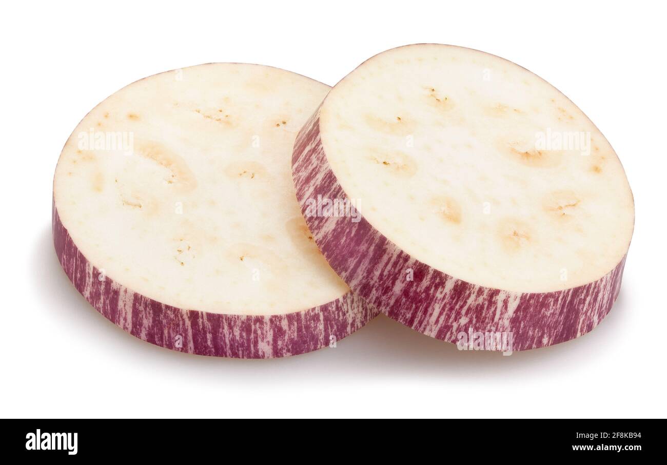 sliced striped eggplant path isolated on white Stock Photo